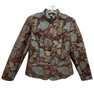 Portrait Brown and Blue Velour Tapestry Jacket Mandarin Collar, Peplum - Medium